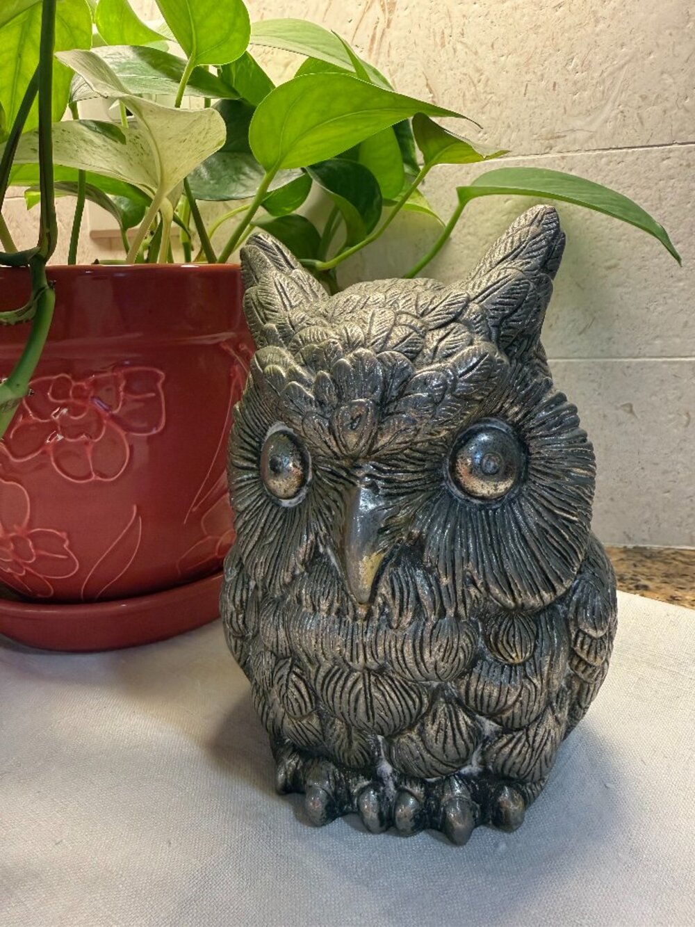 Vintage Owl Figurine, Heavy, Marked MB